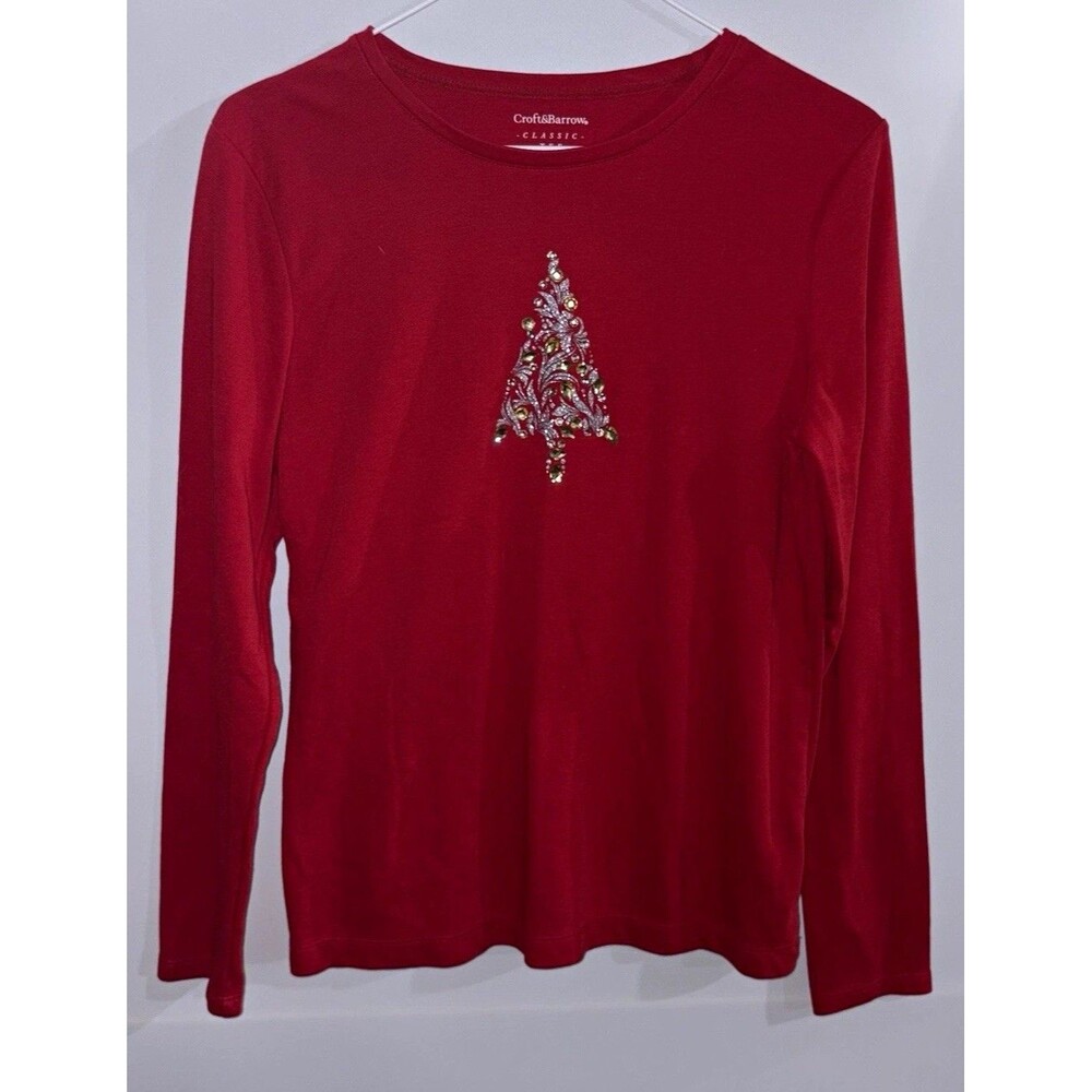 Croft & Barrow Women’s Classic Tee S Red Crew Neck Long Sleeve Rhinestone Tree